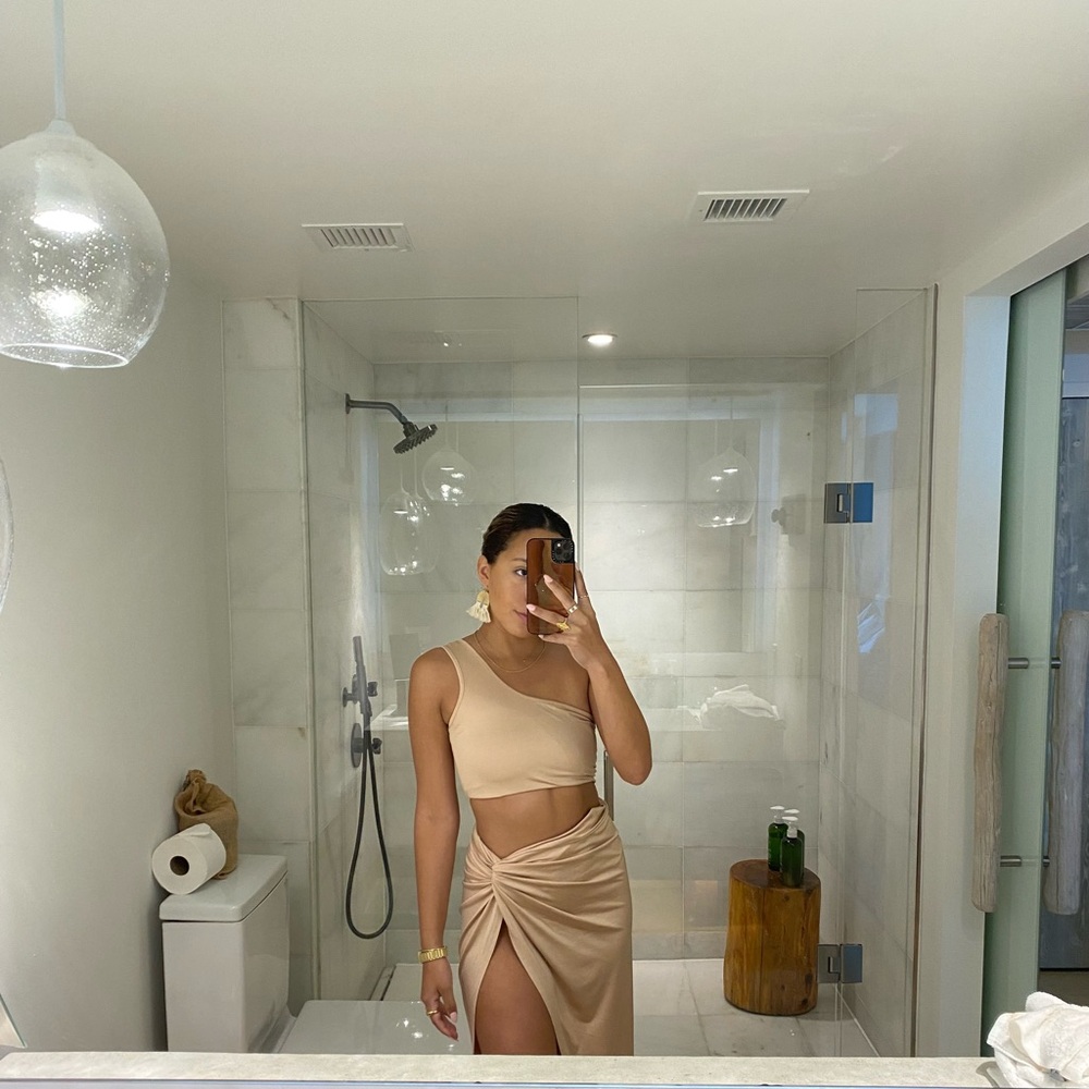 Stylish Tan One-Shoulder Top and Skirt Set